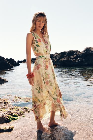 VESTITO CON STAMPA FLOREALE CUT OUT - Ecrù / Verde di Zara