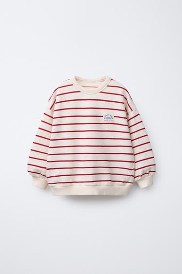 Zara STRIPED SWEATSHIRT WITH LABEL - White / Red