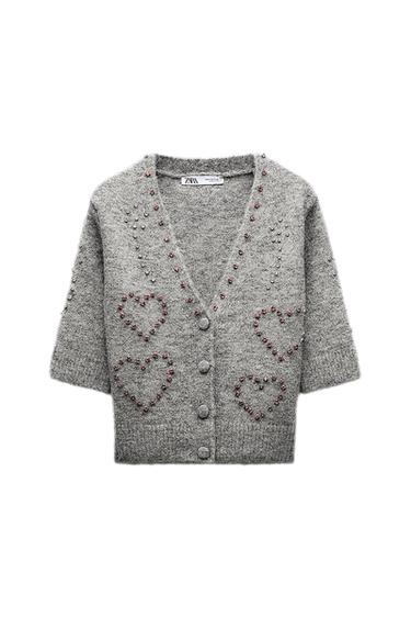 KNIT CARDIGAN WITH BEADED HEARTS