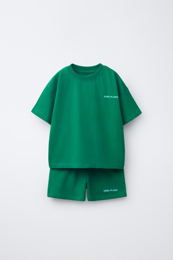 SLOGAN PRINT JOGGING T-SHIRT AND BERMUDA SHORTS SET - Green by Zara - Image 0