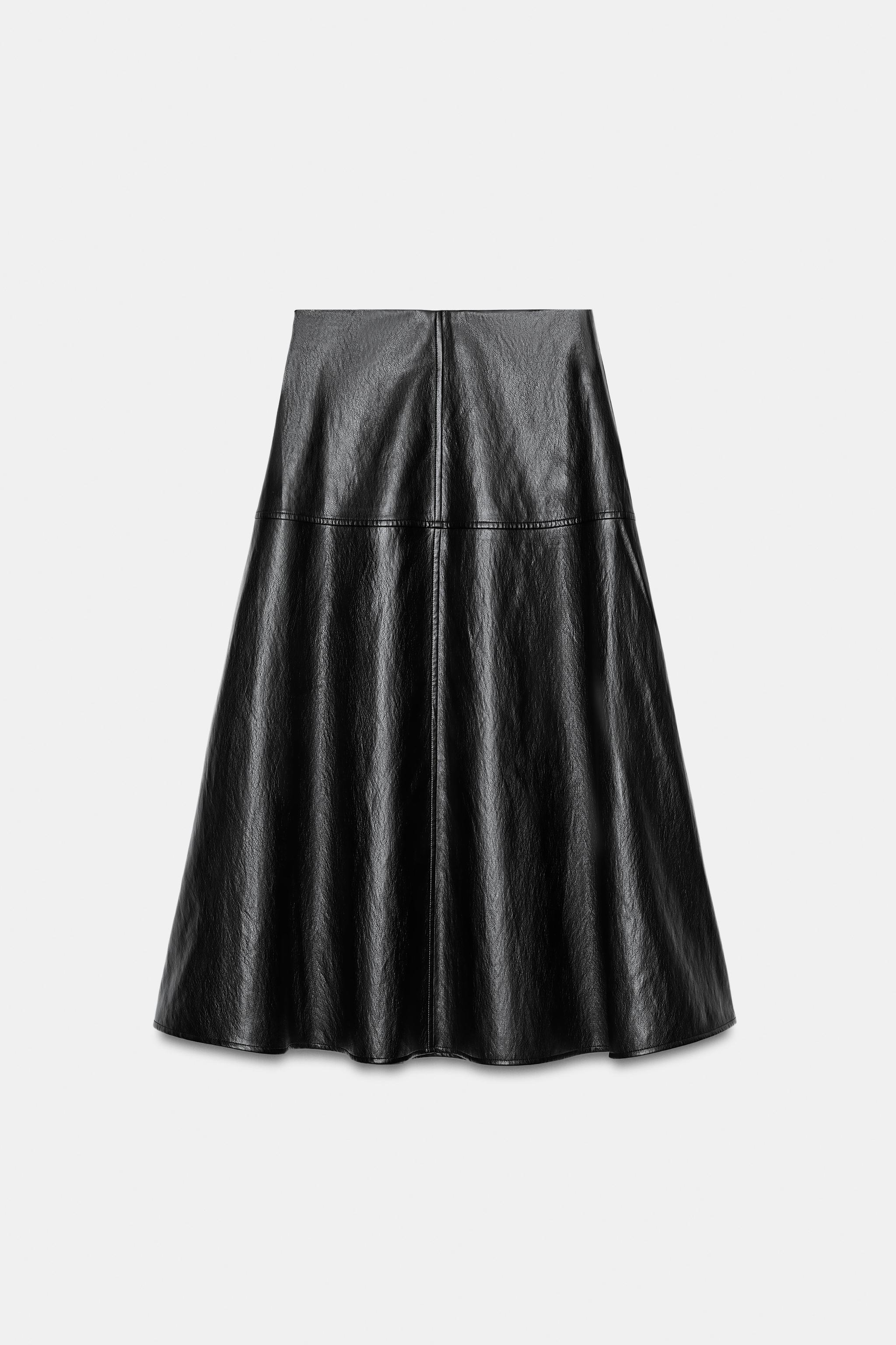 Zara SUNİ DERİ KATLI MİDİ ETEK görsel 4