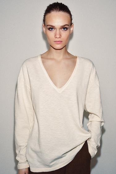 LONG SLEEVE RUSTIC T-SHIRT - Oyster-white by Zara - Image 4