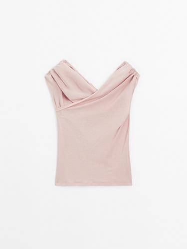 Zara 100% cotton surplice boat neck top - Pale pink - Image 0