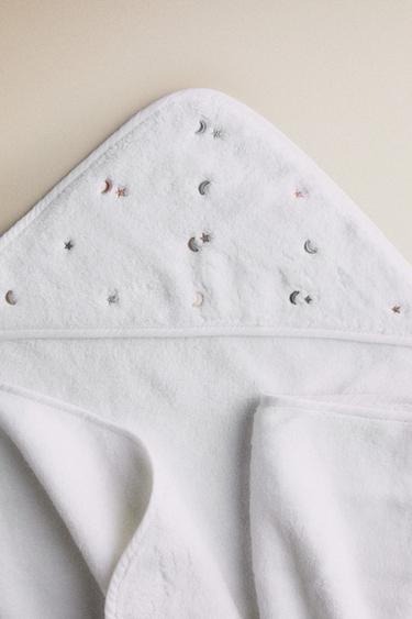 Zara HOODED BABY TOWEL WITH STARS AND MOONS - Oyster-white