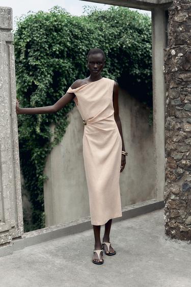 ROBE MIDI ASYMÉTRIQUE DÉCOR AVEC LIN - Pêche de Zara