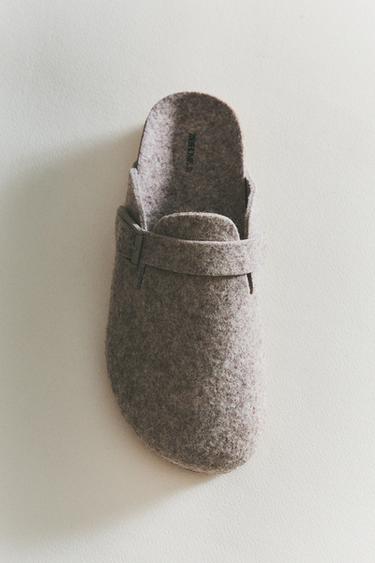 Zara BUCKLED FELT MULE CLOG SLIPPERS - Brown