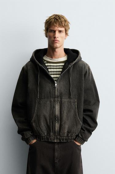 DENIM JACKET WITH FAUX SHEARLING HOODIE - Grey by Zara