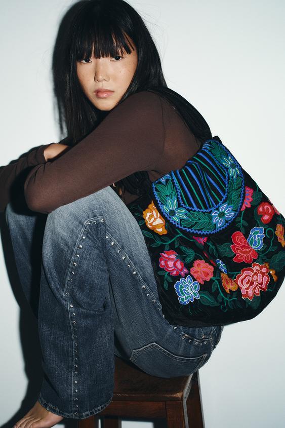 VELVET MAXI BAG WITH FLORAL EMBROIDERY