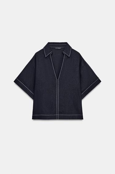 LINEN BLEND SHIRT WITH CONTRAST TOPSTITCHING - Navy blue by Zara - Image 4