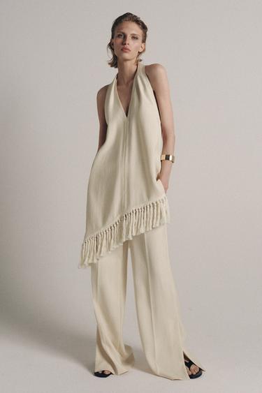 ZW COLLECTION HALTER NECK FRINGED TOP - Mid-ecru by Zara