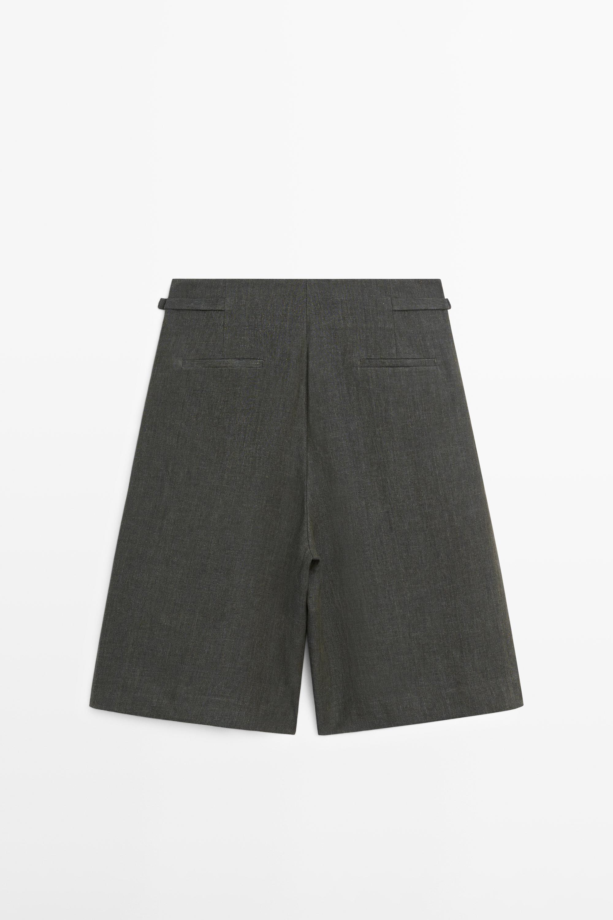 Long melange linen Bermuda shorts with buckle detail