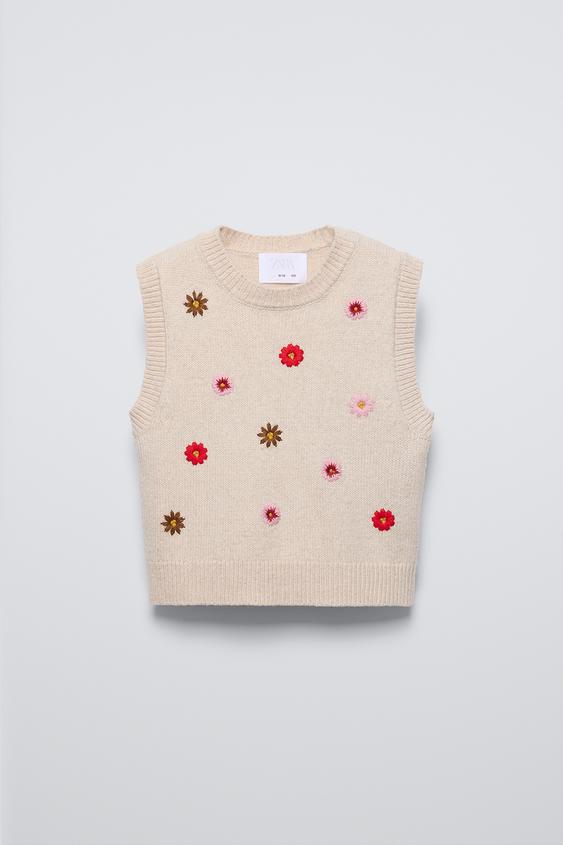 KNIT VEST WITH EMBROIDERED FLOWERS - Light beige | ZARA Singapore