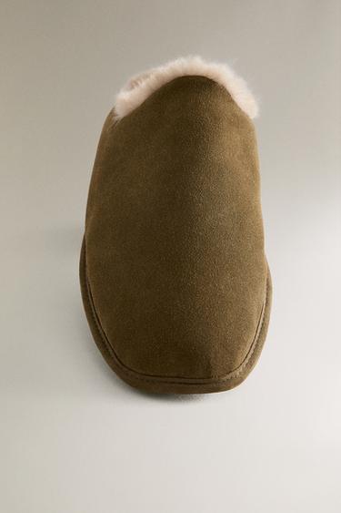 COSY LEATHER SLIPPERS - Khaki Green by Zara - Image 4