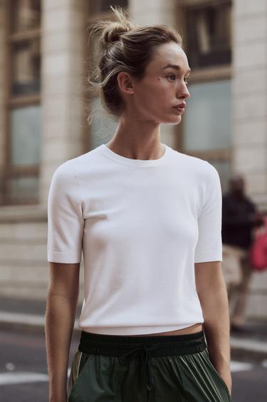 Zara PLAIN KNIT BASIC SHORT SLEEVE TOP - White
