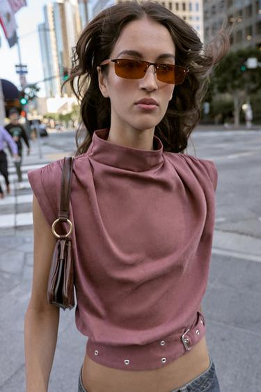 Zara FAUX SUEDE BUCKLE TOP - MARSALA