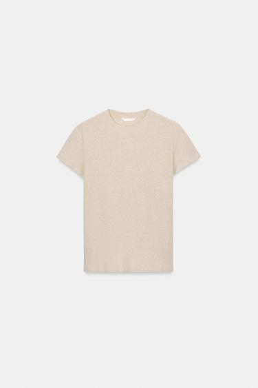 LINEN BLEND SHORT SLEEVE T-SHIRT - Sand by Zara - Image 4
