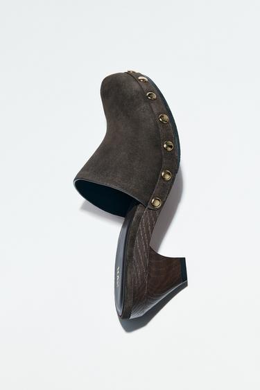 Zara SPLIT LEATHER STUDDED KITTEN CLOGS - Brown