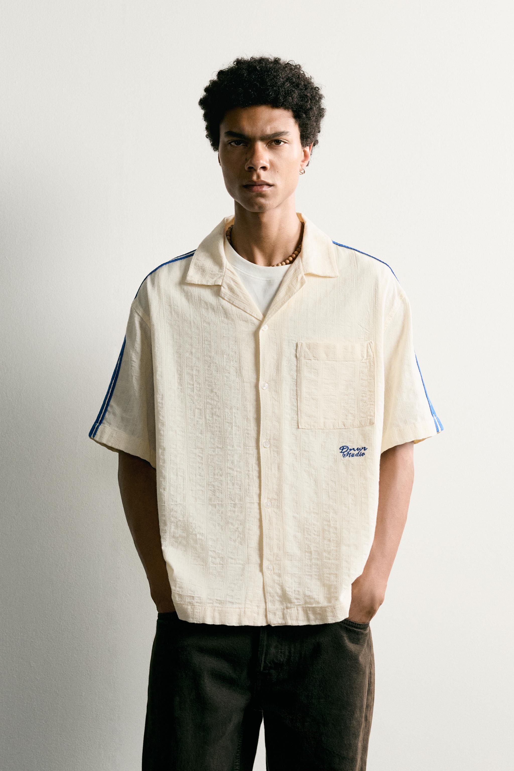 CONTRASTING EMBROIDERY STRIPE SHIRT — Oyster-white