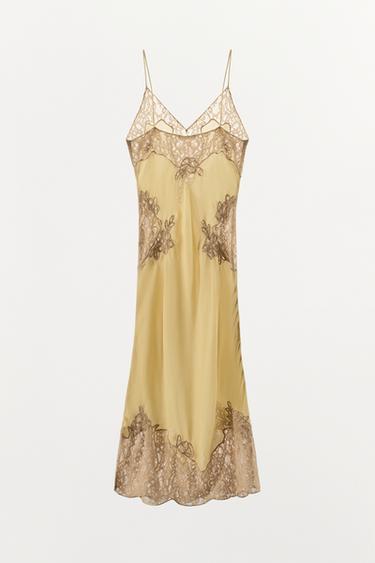ROBE EN GEORGETTE ET DENTELLE - Jaune clair de Zara - Image 6