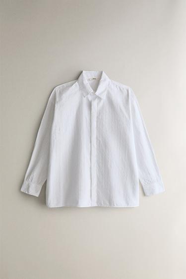 Zara LONG SLEEVE COTTON SHIRT - 磨白色