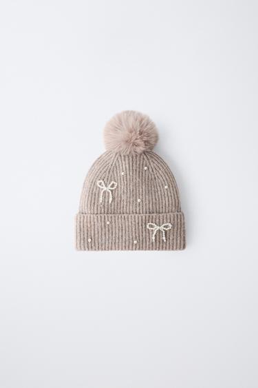 BONNET EN MAILLE BRILLANT À POMPON AVEC LAINE - Marron chiné de Zara - Image 0