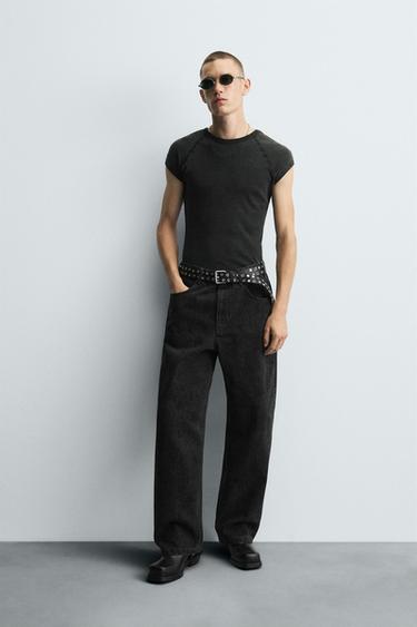 Zara PRINTED BAGGY FIT JEANS - Black