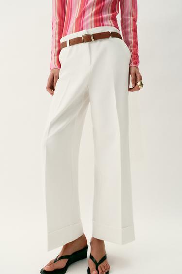 Zara BELTED CUFFED HEM PANTS - White