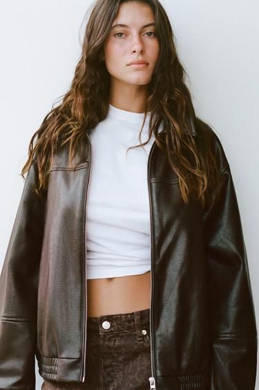 Zara FAUX LEATHER BOMBER JACKET - Chocolate