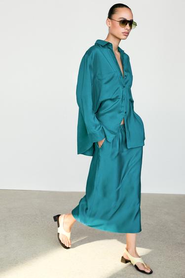 Flowing satin shirt with pockets — Blue / Green 2