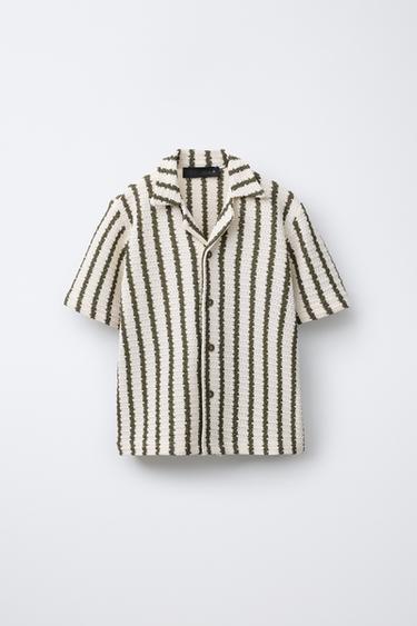 Zara STRIPED CROCHET SHIRT - Ecru / Green - Image 0