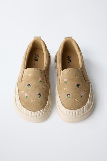 LEATHER FLORAL PLIMSOLLS - Sand Brown by Zara - Image 3