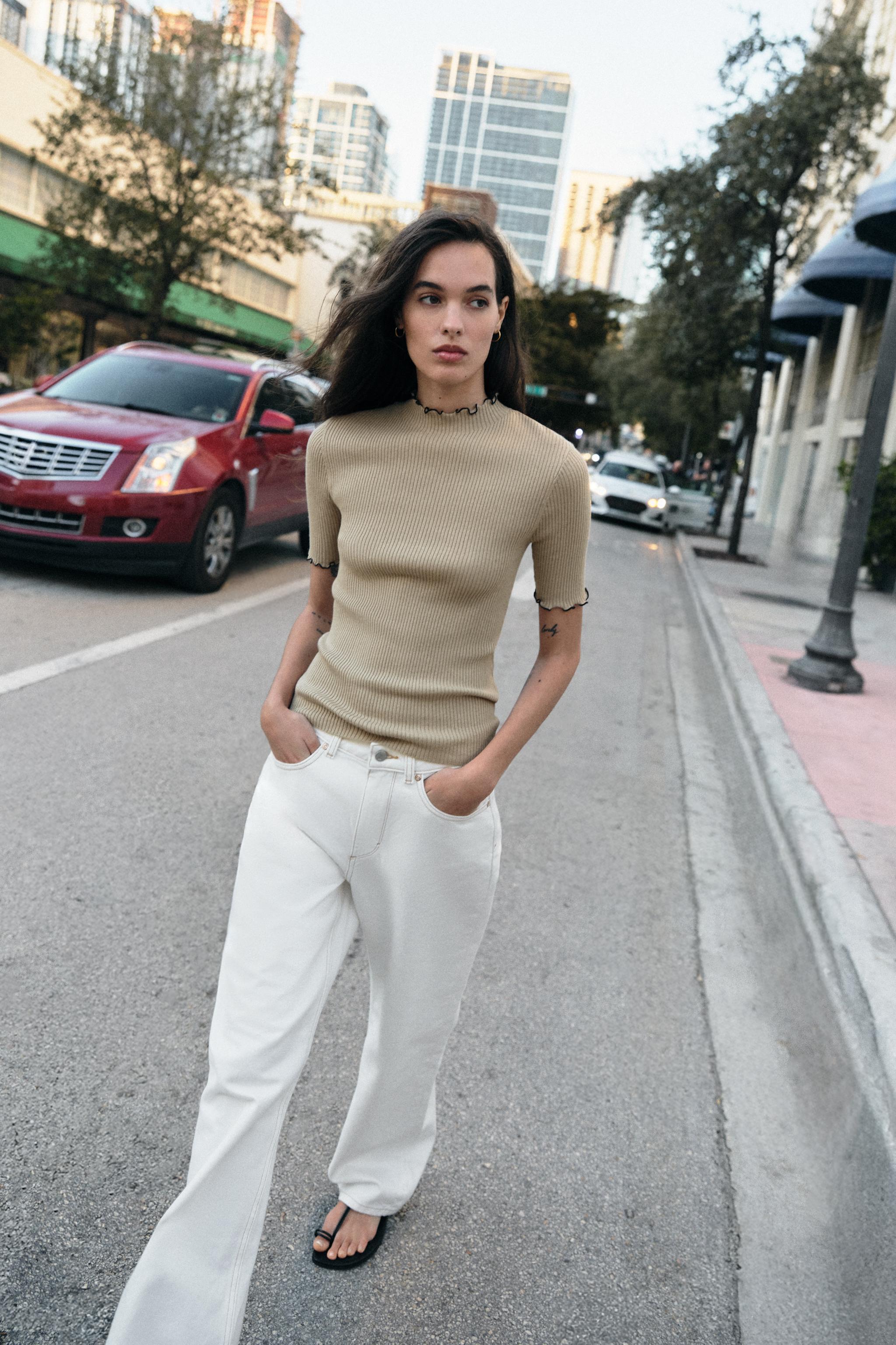 CONTRAST RIB KNIT TOP - Stone | ZARA United States
