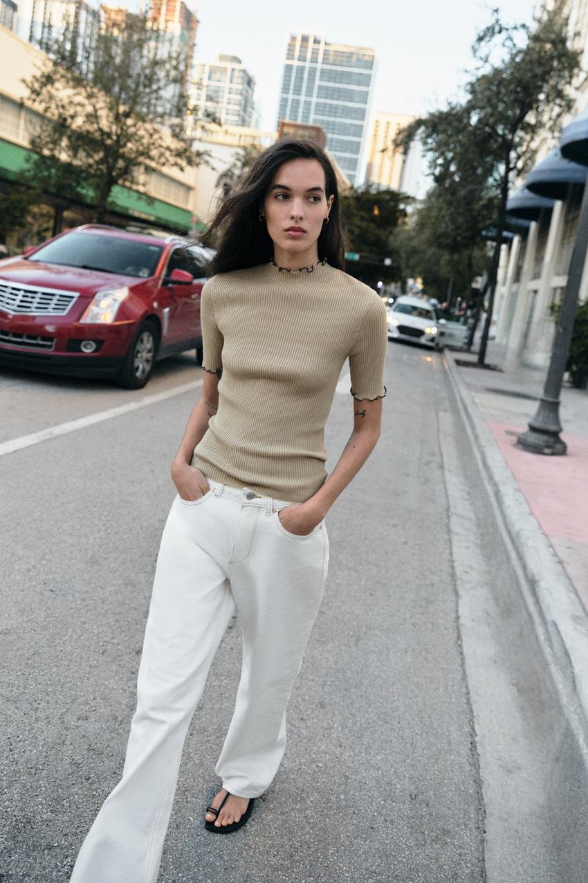 コントラストリブトリムニットトップス - ストーン | ZARA Japan 