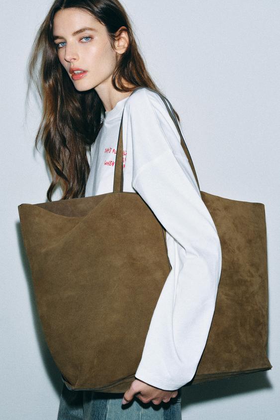 حقيبة تسوّق كبيرة من جلد السويد - أخضر كاكي الخاص بـ Zara - صورة 0