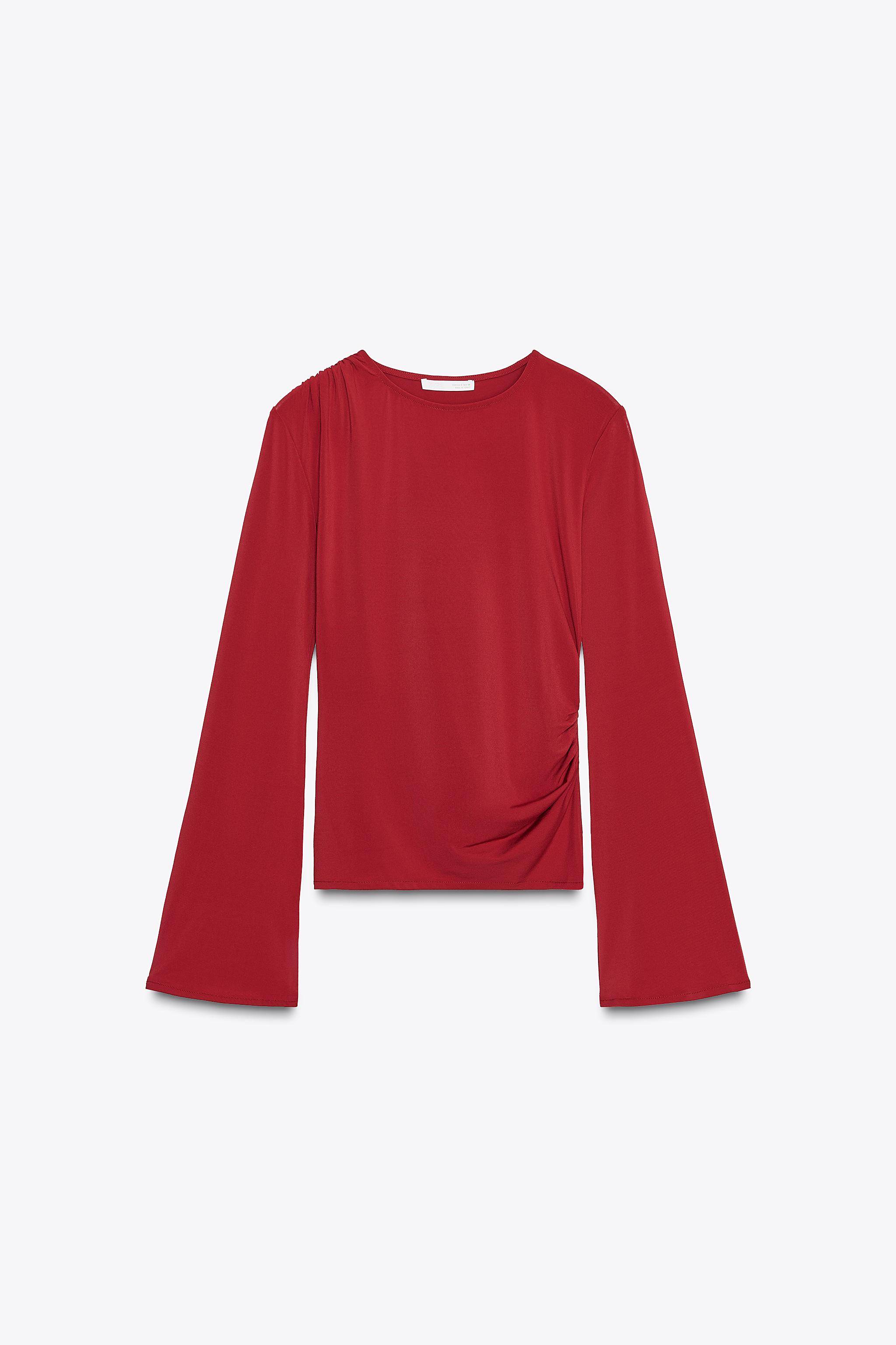 LONG SLEEVE RUCHED T-SHIRT - Burgundy | ZARA United States