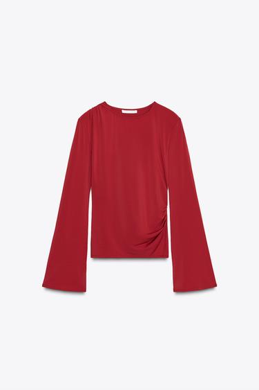LONG SLEEVE GATHERED T-SHIRT - Burgundy by Zara - Image 0