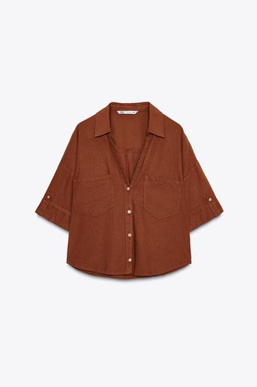 Zara SHORT SLEEVE LINEN BLEND SHIRT - Terracotta