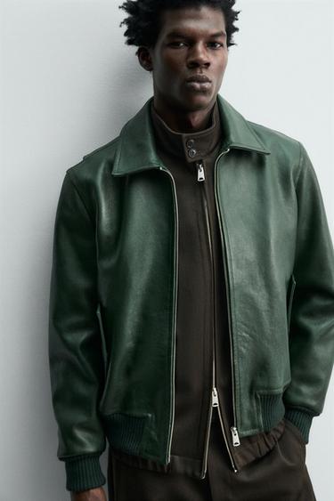 BLOUSON BOMBER EN CUIR - Vert moyen de Zara - Image 4