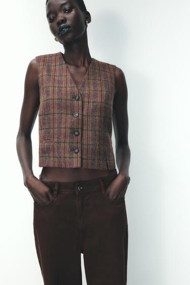 CHECK WAISTCOAT WITH VENTS - Burgundy by Zara - Image 0