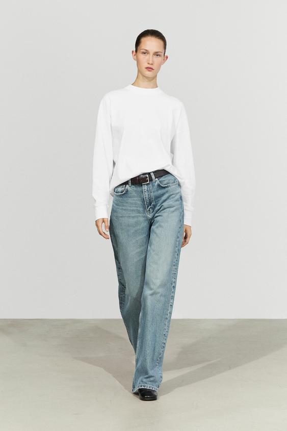 Zara Long sleeve round neck T-shirt - Oyster-white - Image 0