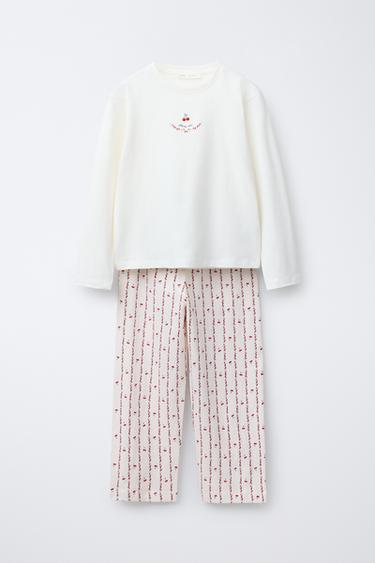 6-14 YEARS/ CHERRY AND FLORAL PRINT T-SHIRT AND TROUSERS PYJAMAS - Ecru by Zara