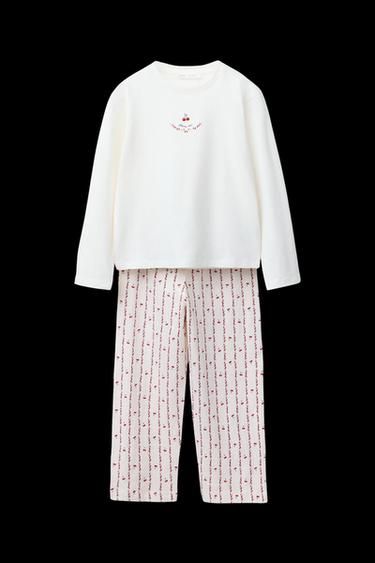6-14 YEARS/ CHERRY AND FLORAL PRINT T-SHIRT AND TROUSERS PYJAMAS - Ecru by Zara - Image 0