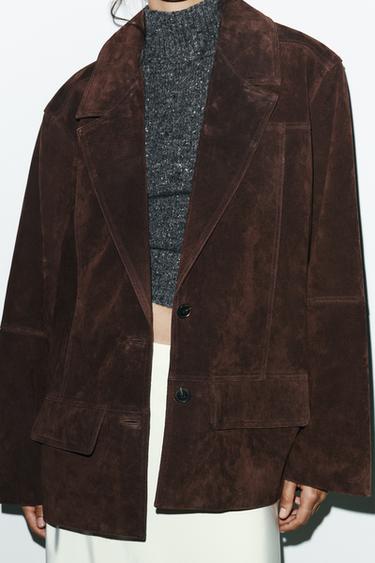 VESTE OVERSIZE EN CUIR DAIM 100 % - Marron foncé de Zara - Image 5
