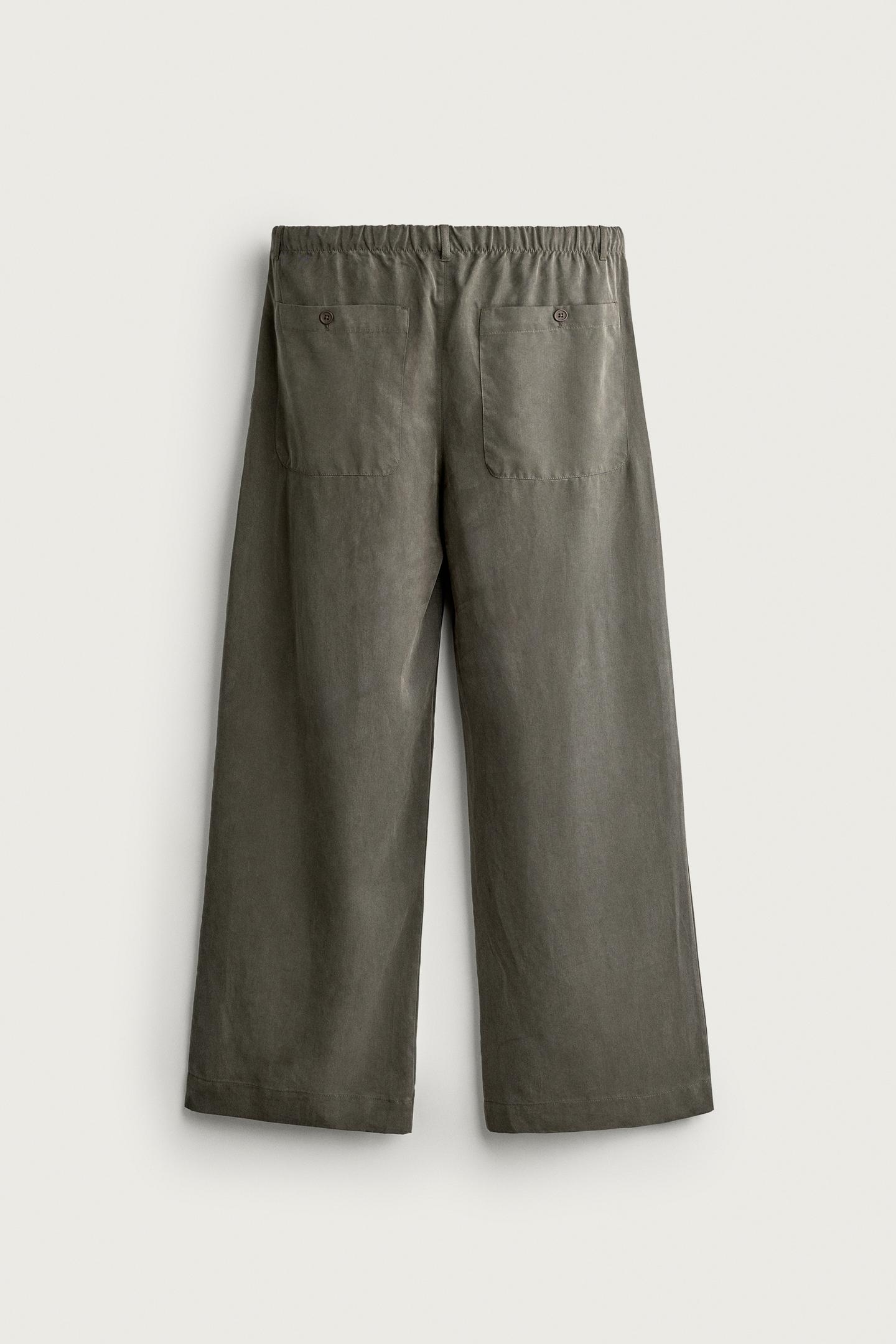 Мужские брюки Zara Relaxed-Fit Flowy, цвет: Тёмный хаки — фото 8