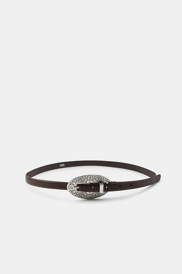 Zara 100% LEATHER BELT WITH ENGRAVED BUCKLE - Brown