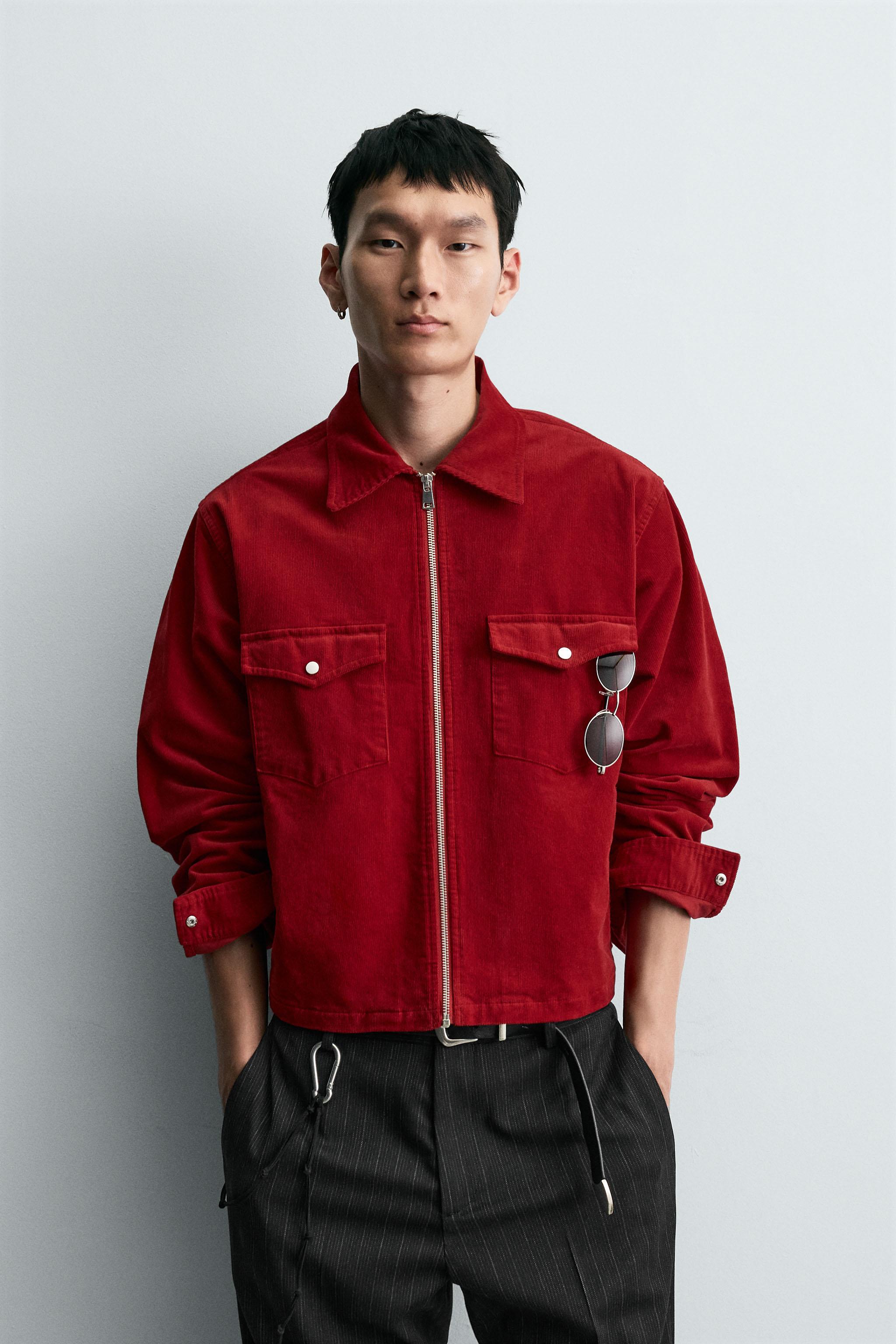 ★ドイツ発*ZARA*新作*コーデュロイ襟ジャケット/RED★ ボクシーフィット コーデュロイ シャツジャケット - レッド