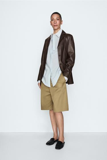 Blazer cuello solapa piel - STUDIO - Marrón oscuro de Zara - Imagen 0