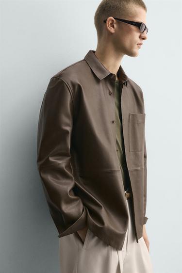 LEATHER SHIRT WITH POCKET - Khaki by Zara - Image 4