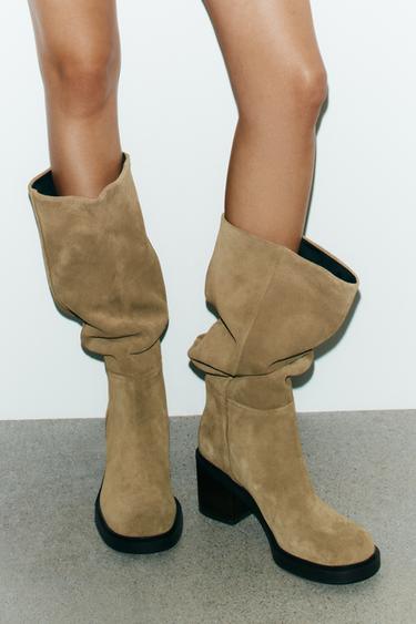 STITCHED SPLIT SUEDE HEELED BOOTS - Taupe Grey by Zara - Image 1