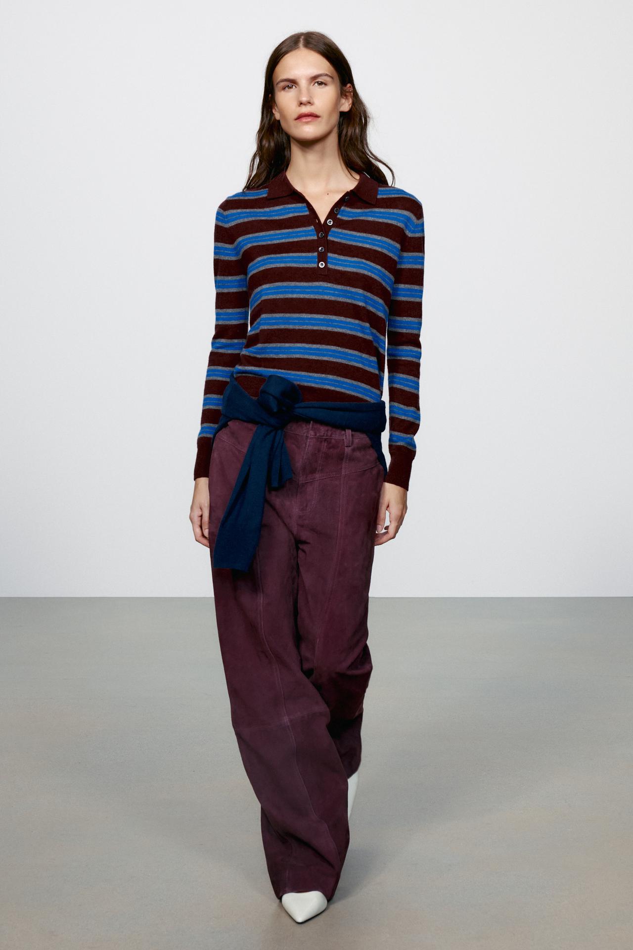 EXTRA-SOFT 100% WOOL STRIPED POLO — Burgundy